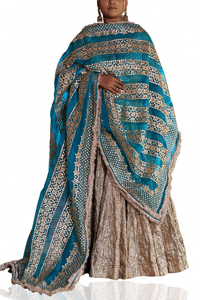 Silver and turqoise embellished lehenga set