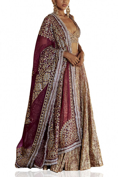 Rose gold and plum embellished lehenga set