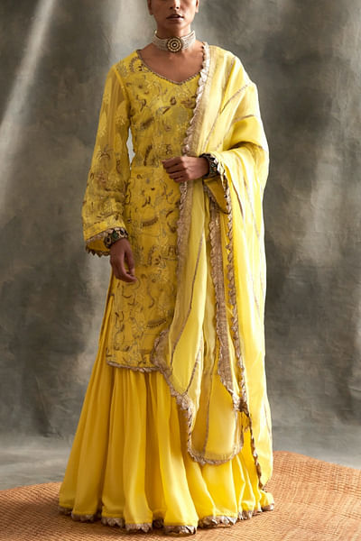 Yellow embellished sharara set