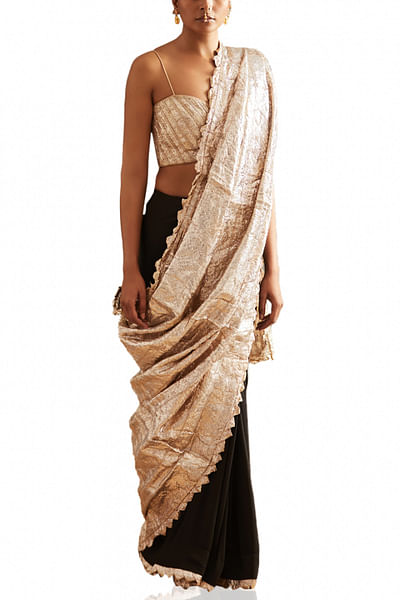 Black and silver embellished sari set