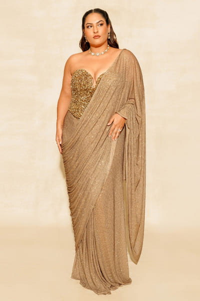 Itrh Dusky gold crystal pre-stitched sari set ITHAPR24D215