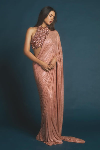Peach crystal pre-stitched sari set