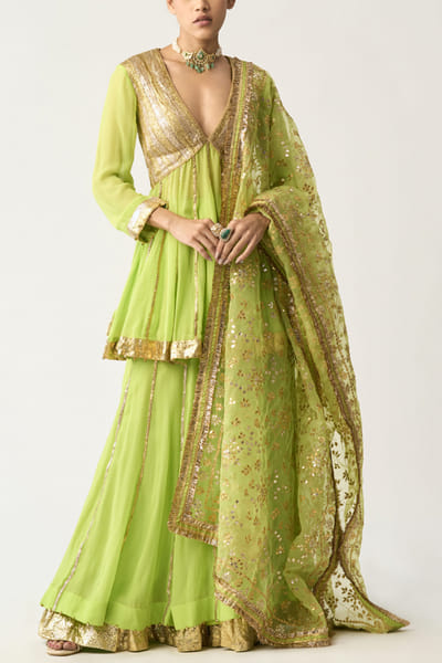 Neon green kalidar kurta sharara set