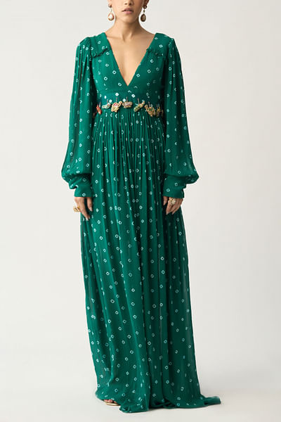 Leaf green bandhani maxi dress