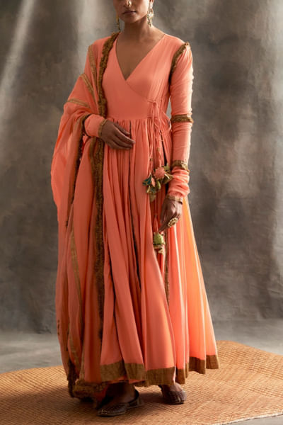 Peach embellished angrakha set
