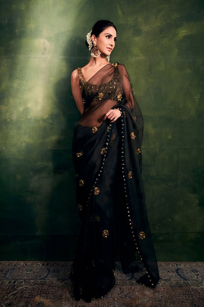 Black circular pitta embroidered sari set