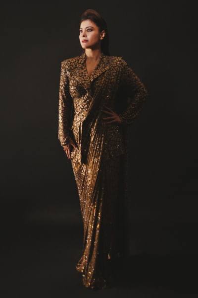 Brown leopard print crystal concept sari set
