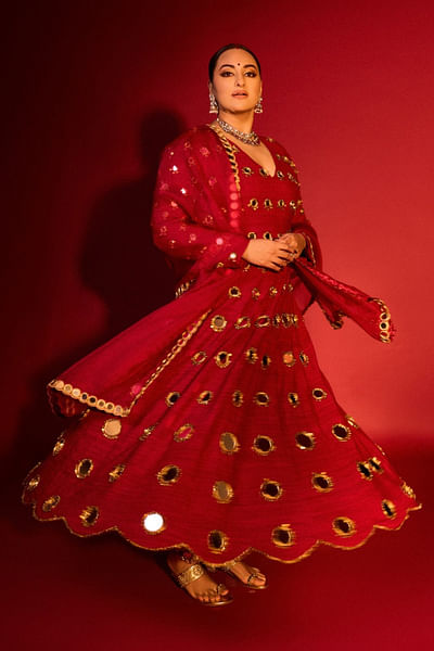 Red mirror embroidered anarkali set
