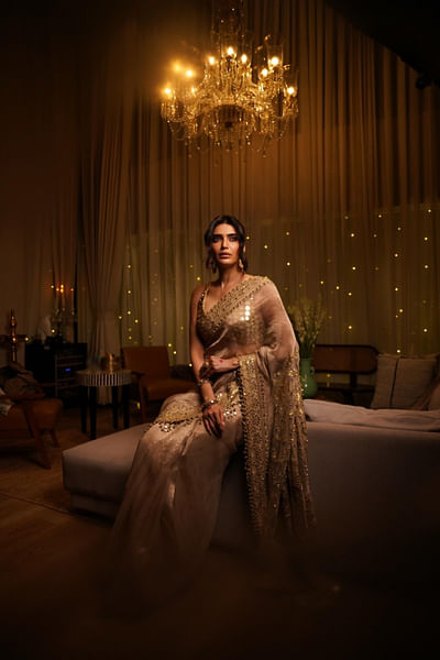 Ivory mirror-gota patti embellished sari set