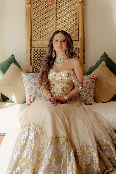 Gold chevron gota patti and mirror lehenga set