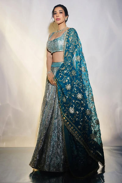 Blue lampi-mirror embellished lehenga set