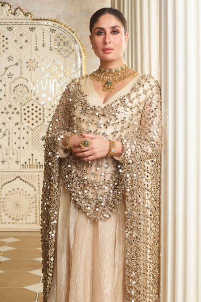 Gold tissue anarkali and mirror jaal veil set