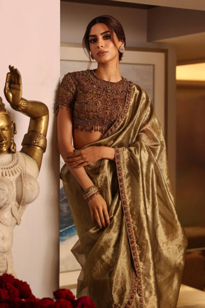 Itrh Copper jadau embellished blouse and sari set ITRHJUL26D149783