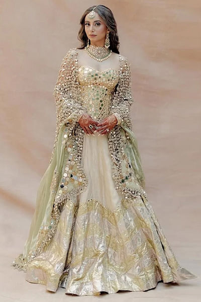 Gold chevron gota patti and mirror lehenga set