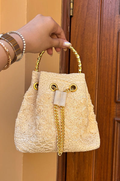 Ivory floral embroidered bucket bag
