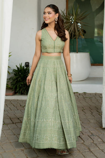 Sage green flora-fauna woven skirt set