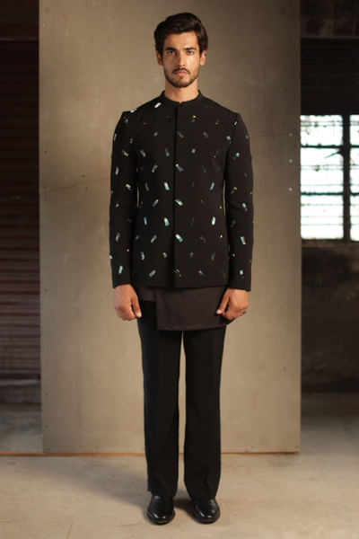 Black metallic embroidered bandhgala set