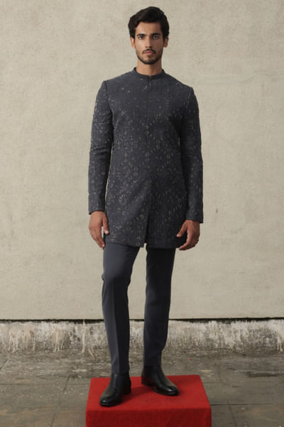 Dark grey embroidered bandhgala and pants