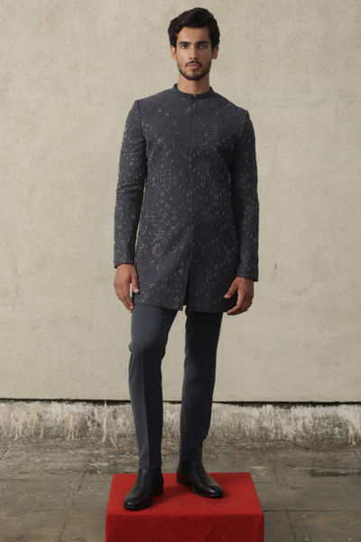 Dark grey embroidered bandhgala set