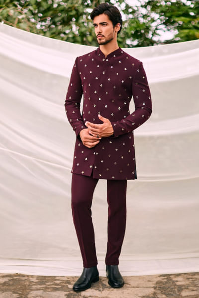 Burgundy embroidered bandhgala and pants