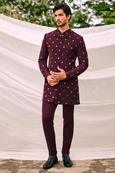 Burgundy embroidered bandhgala set