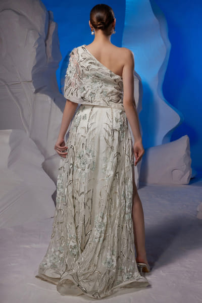 Samant Chauhan Off-white zardozi embroidery one-shoulder gown SMCOCT2309