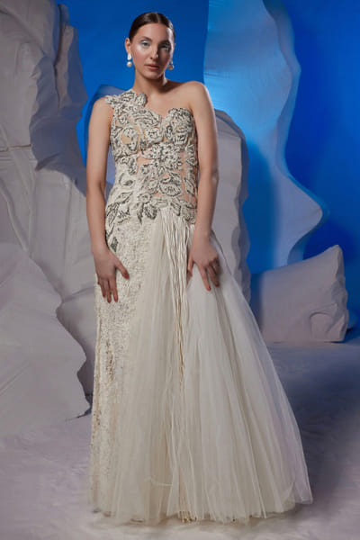 Samant Chauhan Off-white zardozi embroidered one-shoulder gown SMCOCT2318