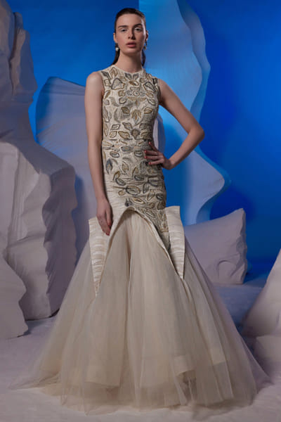 Off-white zardozi embroidery fish cut gown