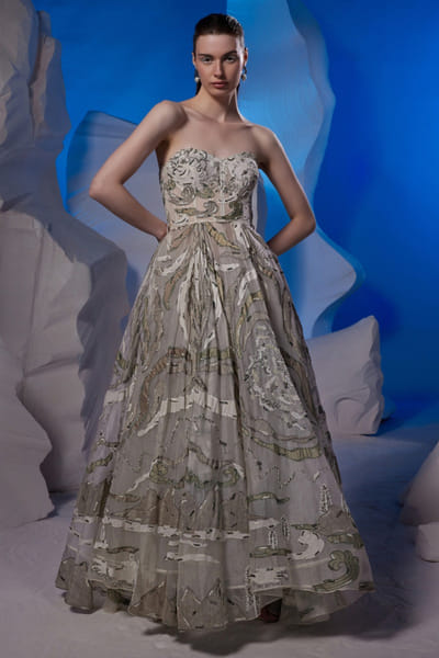 Samant Chauhan Off-white zardozi embroidery off-shoulder gown SMCOCT2323
