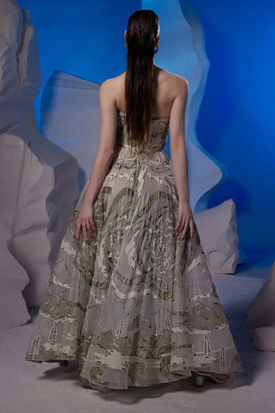 Samant Chauhan Off-white zardozi embroidery off-shoulder gown SMCOCT2323