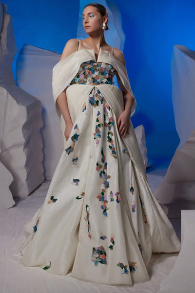 Off-white thread embroidered gown