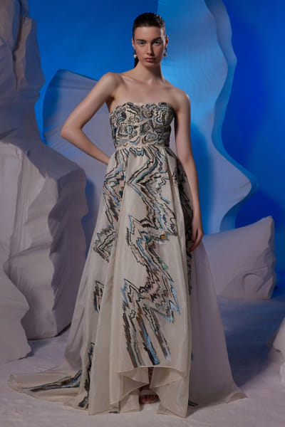 Samant Chauhan Off-white silk and zardozi embroidery off-shoulder gown SMCOCT2331