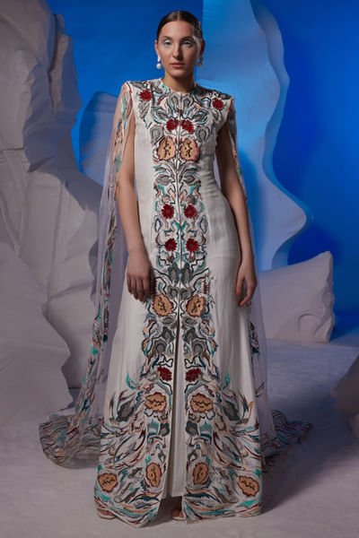 Off-white silk embroidery gown