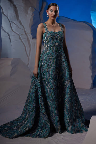 Samant Chauhan Blue pearl and zardozi embroidery strappy gown SMCOCT2338