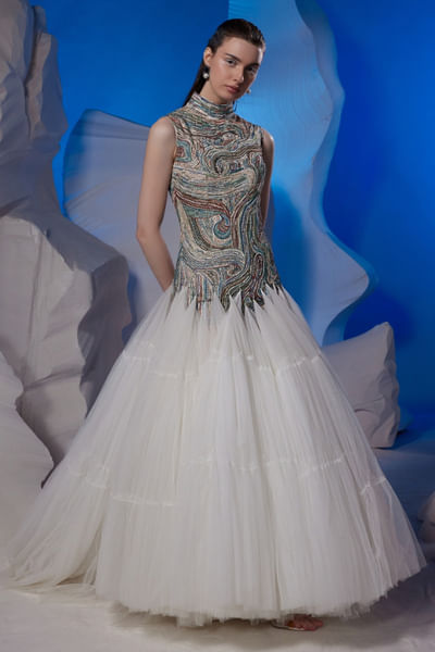 Off-white silk and zardozi embroidery gown