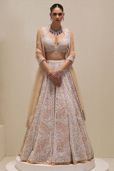 Ecru embroidered net lehenga set