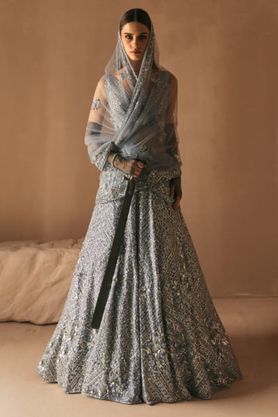 Ice grey net embroidered lehenga set