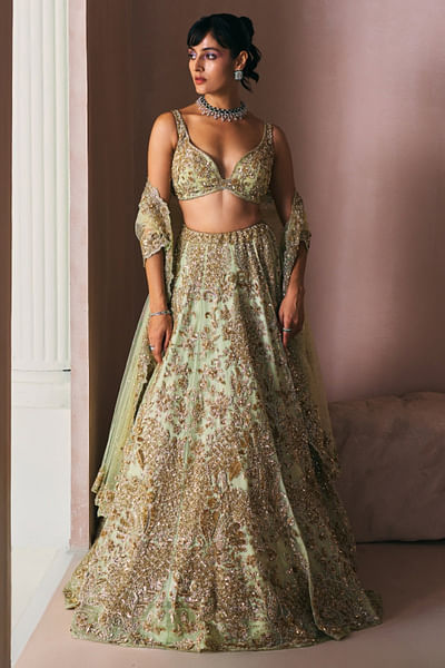 Olive green embroidered organza lehenga set