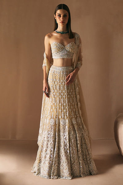 Ivory embroidered net lehenga set