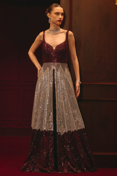 Crimson embroidered gown and pant