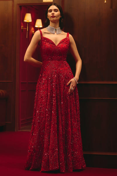 Red embroidered net gown