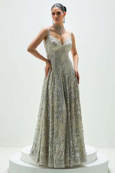 Ivory sequin embroidered net gown