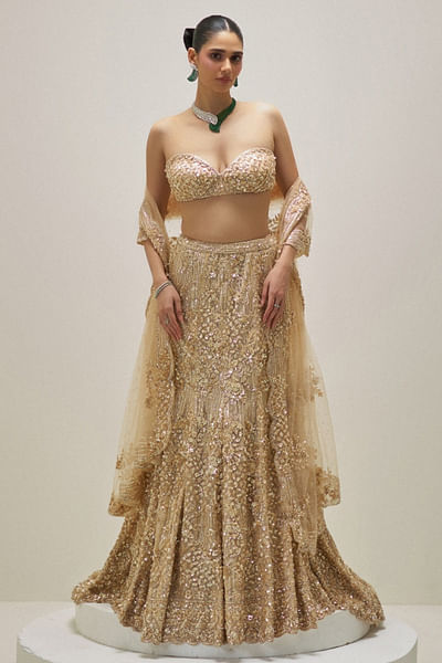 Gold sequin embroidered net lehenga set