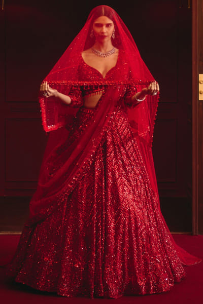 Red embroidered net lehenga set