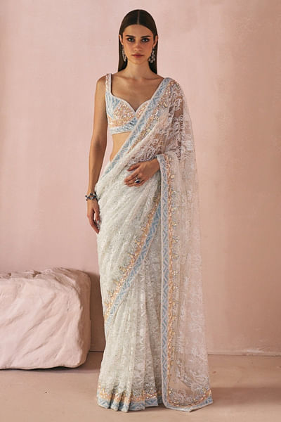 Ivory white embroidered soft lace sari set