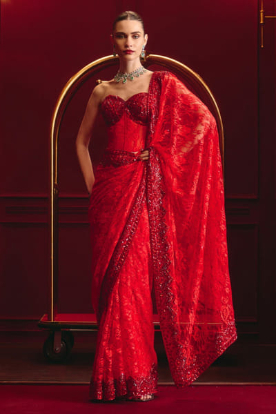 Angad Singh Red embroidered sari set ANGMAR26D141323