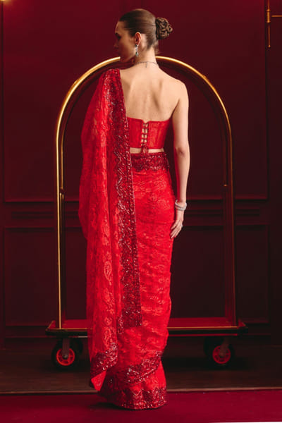 Angad Singh Red embroidered sari set ANGMAR26D141323