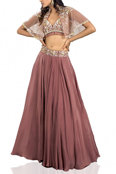 Mauve embroidered blouse and cape with lehenga