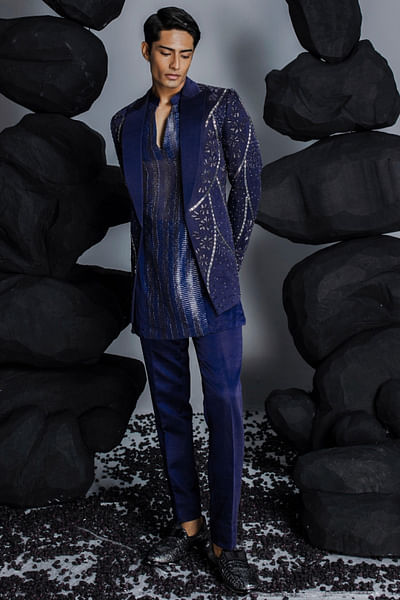 Twilight blue embellished jacket kurta set