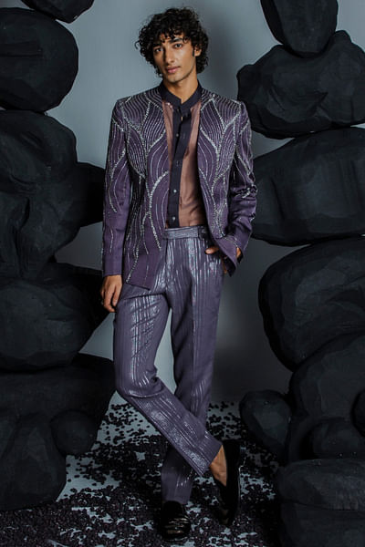 Deep purple hand embellished open jacket set